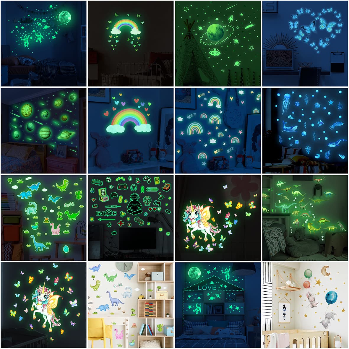 Glow-in-the-dark Astronaut Rabbit Starship Wall Sticker Children's Room Decoration Cartoon Wall Decal Luminous Night Sky Rocket