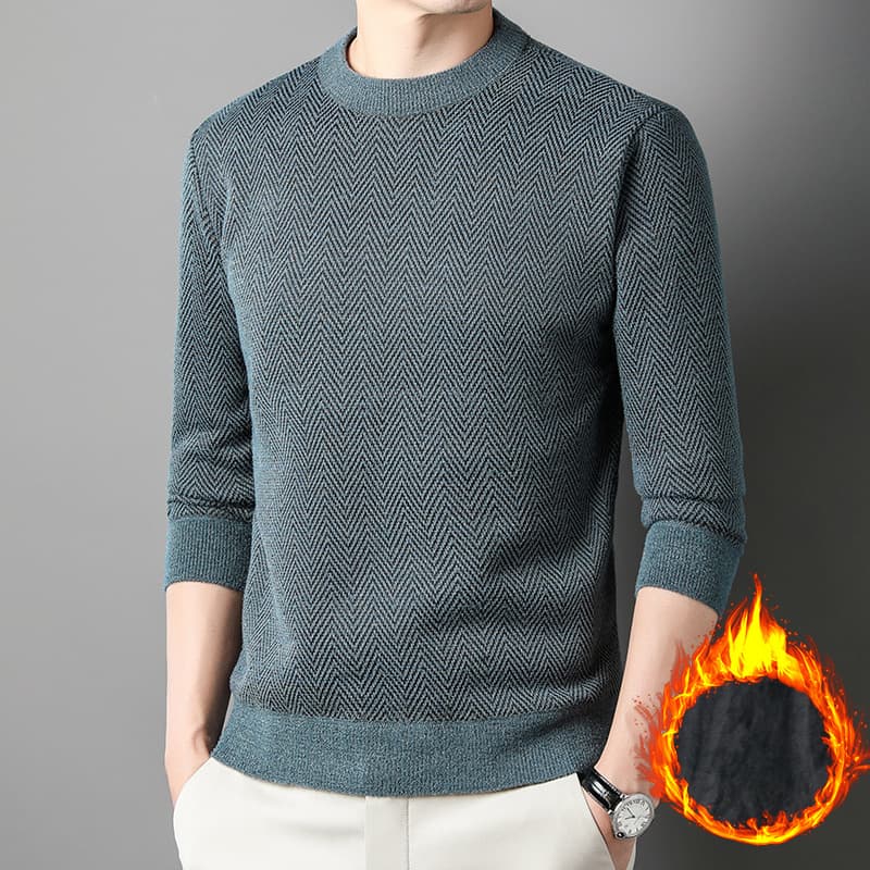 New Autumn/Winter Mink Velvet Jacquard Sweater for Middle-Aged Men, Business Casual Round Neck, Big Size Dad's Sweater, Fleece-Lined