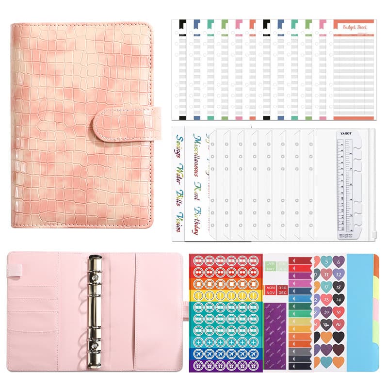 A6 Binder Crocodile Pattern Macaron PU Leather Notebook Cash Budget Loose-Leaf Planner Portable