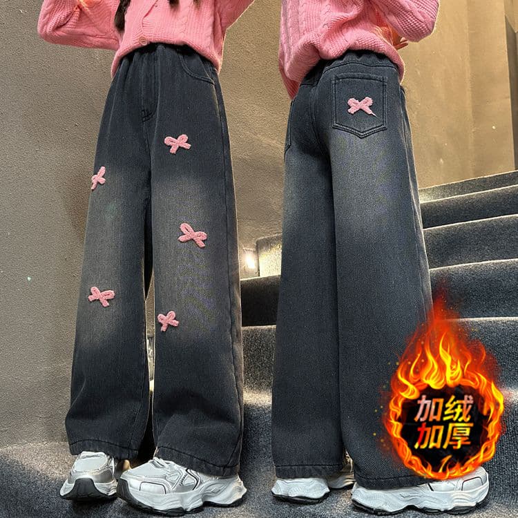 Winter new style towel embroidered girls' velvet thickened straight pants loose wide-leg pants for middle-aged and older children denim trousers