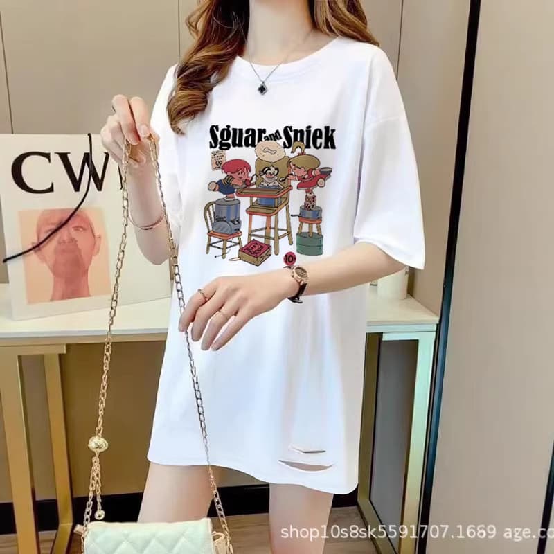 Round Neck White T-Shirt for Women, Mid-Length Base Layer, 2026 New Style, European Fashion Oversized Tee, Ripped, Versatile, Trendy