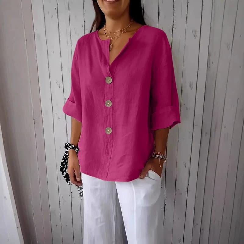 Amazon 2025 Cross-Border Europe and USA Summer New Loose T-Shirt Comfortable Casual V-Neck Cotton Linen Button Top for Women