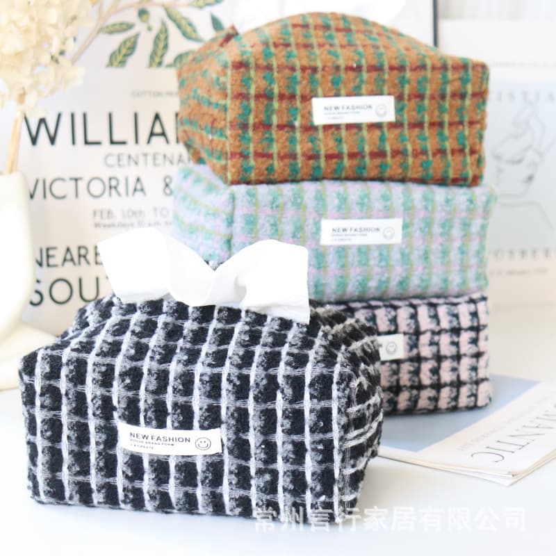 Fabric Tissue Box for Living Room Home Office Paper Towel Box New Chinese Style Napkin Holder Checked Plush Car Fabric Tissue Cover