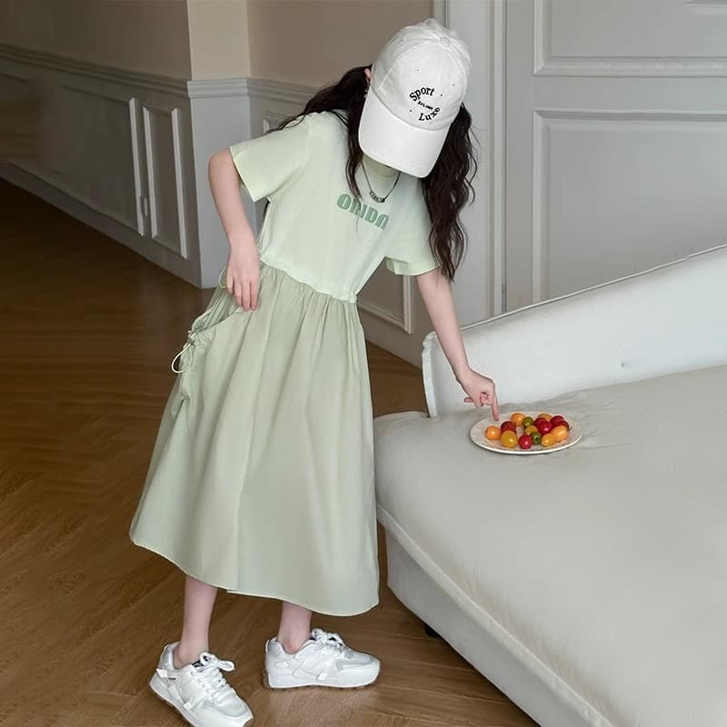 With Necklace】Girls Big Kid Dress Summer 2025 New Children's Stylish Dress Little Girl Knee-Length Skirt