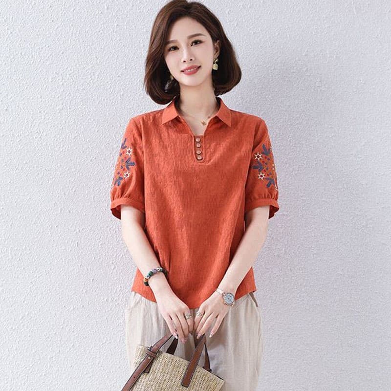 Pure Cotton Jacquard Ethnic Style Retro New Women's Cotton Linen Mother's Summer Embroidered Stylish Short-Sleeve Top for Middle-Aged and Elderly