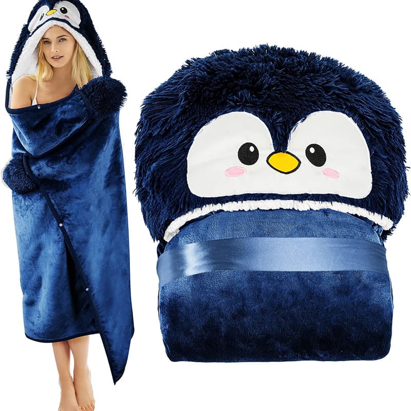 1kg Heavy Weight TV Blanket Homewear Penguin Cape PV Fleece Hooded Shawl Embroidered Women Warm Wearable Out