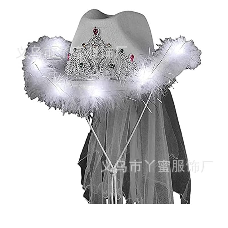Amazon manufacturer white crown frayed edge light-up cowboy hat, bridal veil crown cowboy hat, Dick Cowboy
