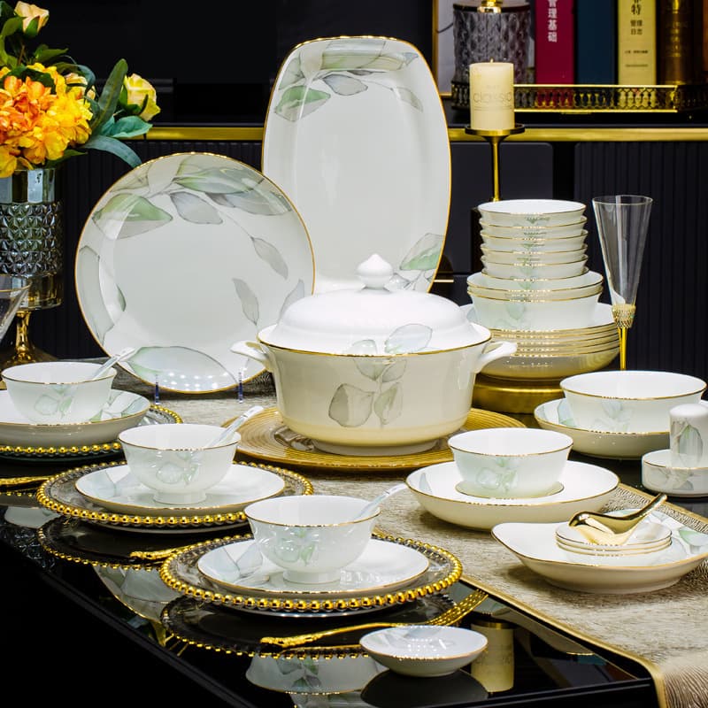Jingdezhen ceramic bowl set, high-end spring-themed bone china dinnerware, underglaze color, soup and noodle bowls