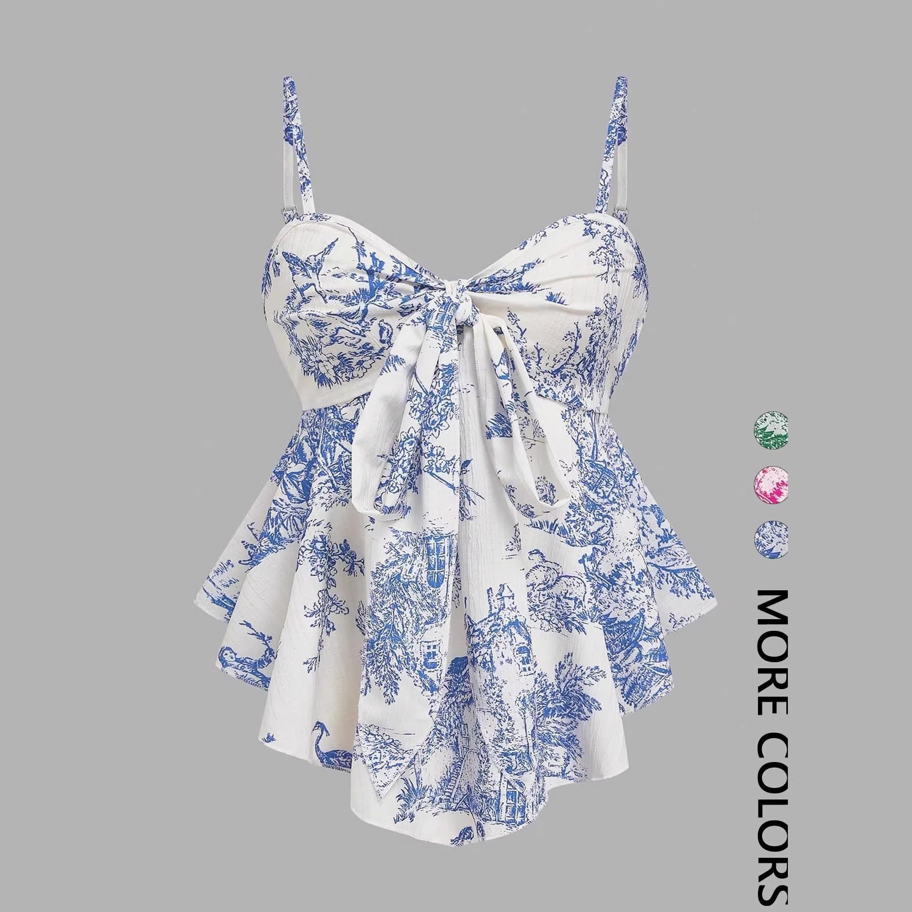 Vintage Blue-and-White Porcelain Print Camisole Babydoll Top, Waist-Cinching Slimming Short Top, Versatile Camisole for Women, Export Quality