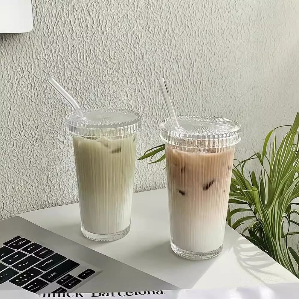 Cross-border Ins-style Simple Vertical Striped Glass Cup with Lid and Straw, High Appearance Juice Milk Coffee Cold Drink Cup