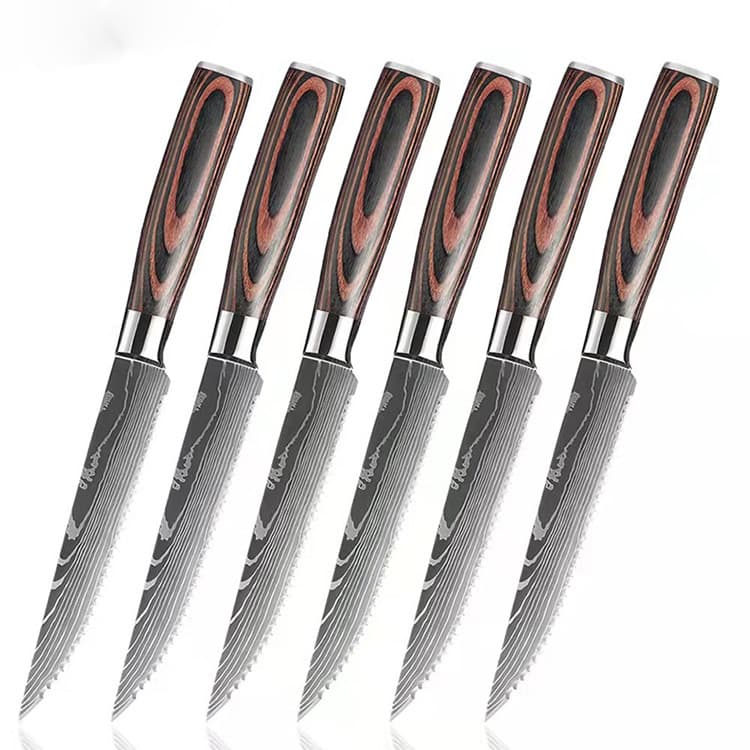 Factory stock imitation Damascus laser pattern colored wood mirror polished handle stainless steel Western serrated steak knife sharp type