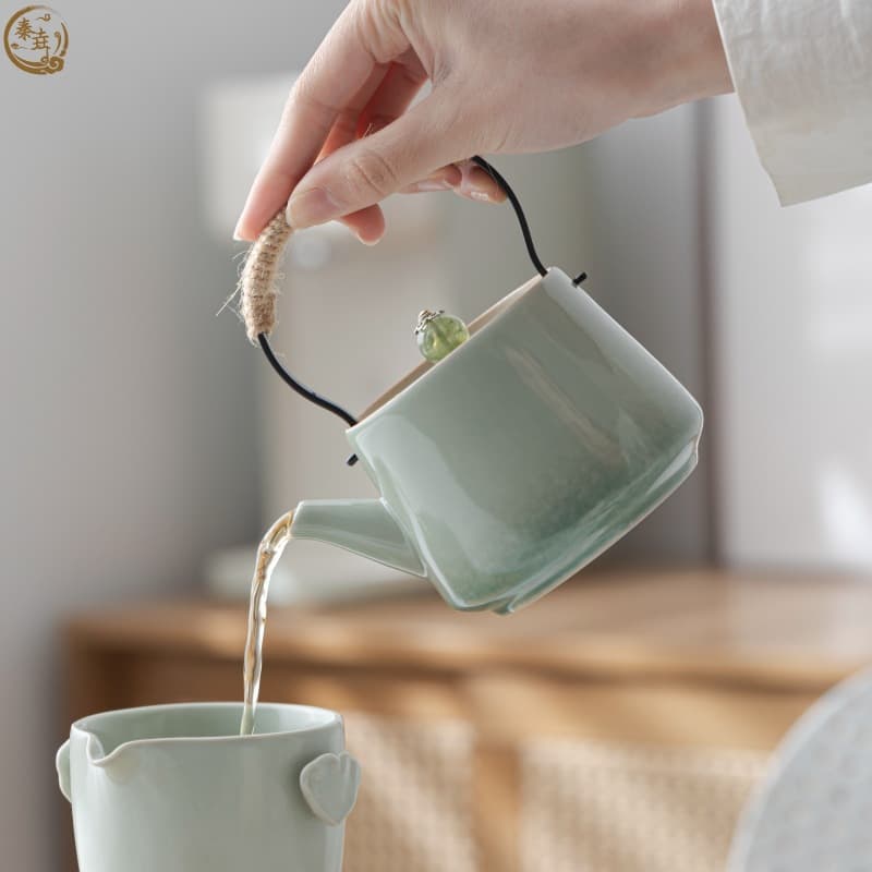 Ceramic Teapot, Retro Gray Glaze Chinese Handle Pot, Household Indoor Gongfu Tea Set with Filter Steeper