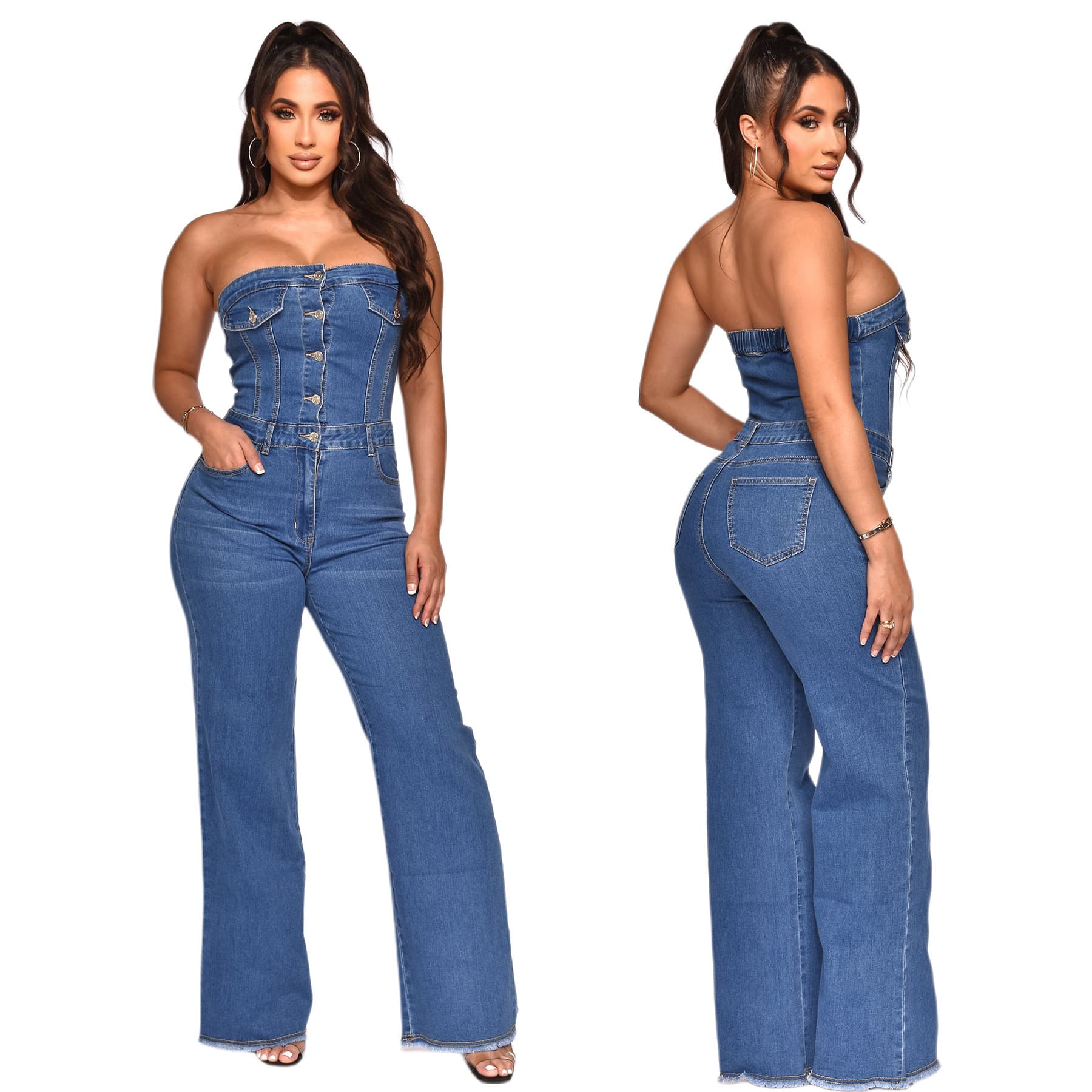 1 European and American Women's Fashion Amazon New Strapless Off-Shoulder Slim Fit Flared Jumpsuit Jeans