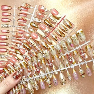 30pcs Cross-border Hot-Selling Luxury Gold Embossed Press-On Nails, Sized False Nails, Finished Manicure Wholesale, Pre-Made Nails