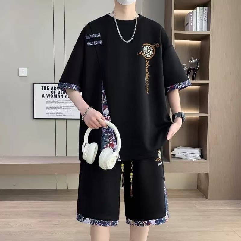 Summer New Chinese Style Men's Short Sleeve Shorts Trendy Guochao Style Ice Silk Set Youth Sports Matching Full Set