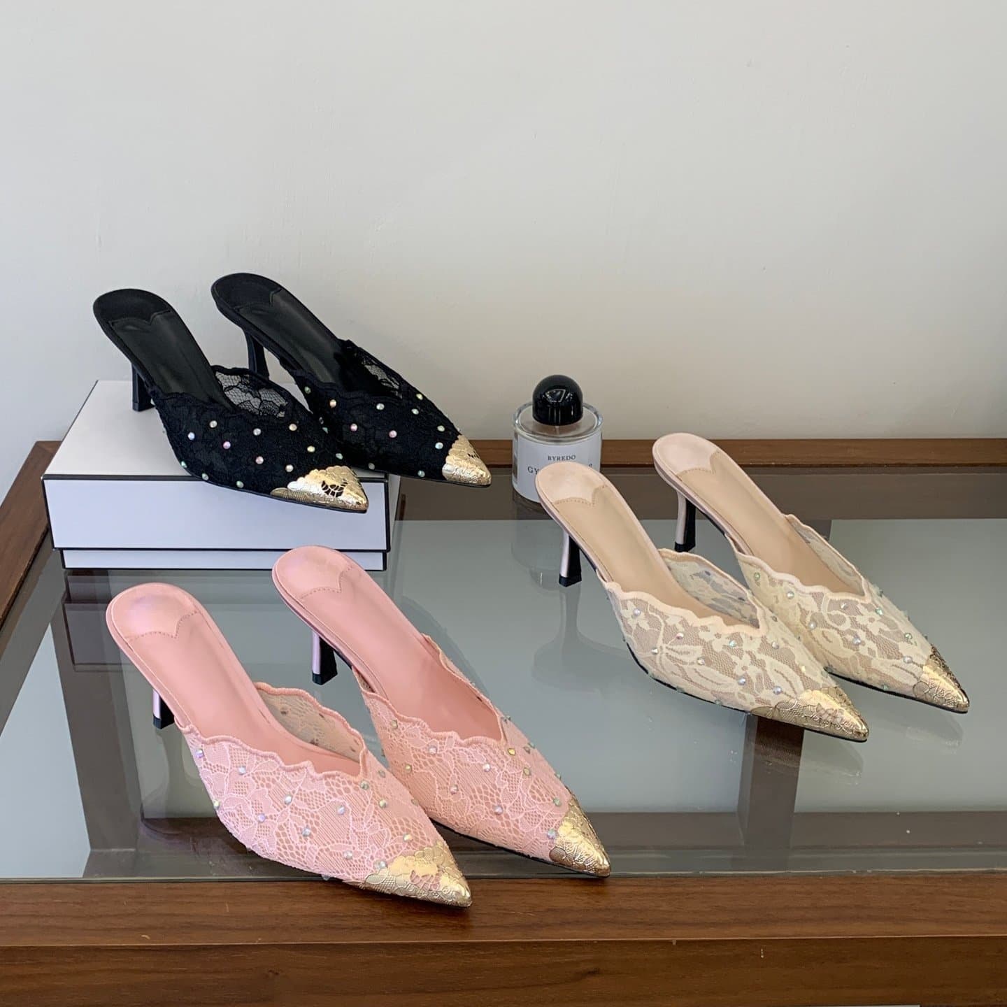 Mi Ting 2026 New Rhinestone Lace Pointed Toe Stiletto Mules, Fashion High Heel Half Slippers