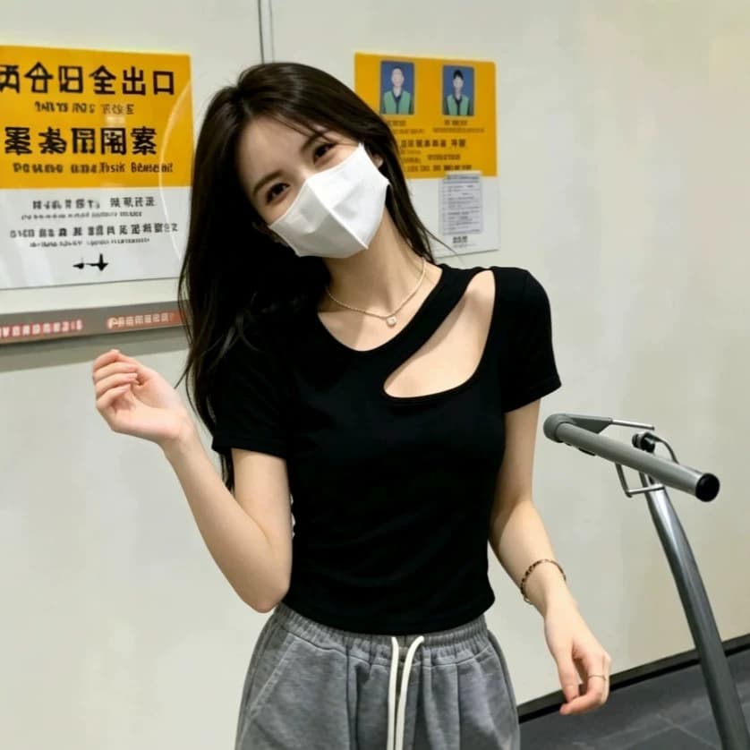 Ribbed Left-Shoulder Cut-Out Short-Sleeve T-Shirt, Summer Solid Color, Niche Design, Slim Fit, Stylish Base Top