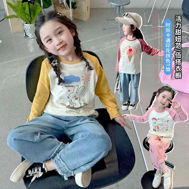 2024 New Girls' Autumn Raglan Sleeve Long T-Shirt, Cute Cartoon Casual Base Layer Top for Wear Inside or Out