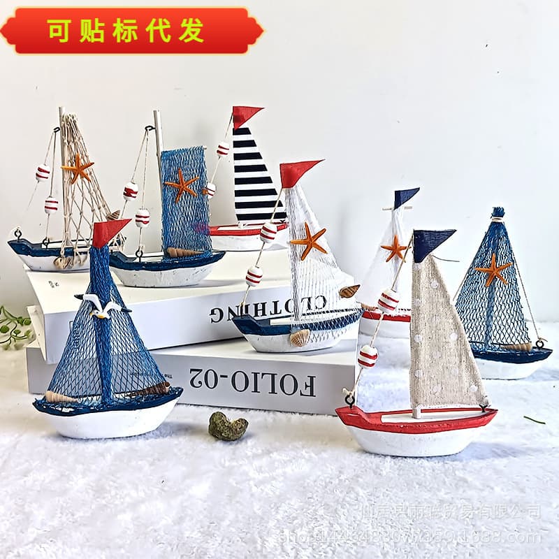 Mediterranean Style Home Decor Wooden Sailboat Model Ornament, Small Boat Ocean Theme Wedding Prop