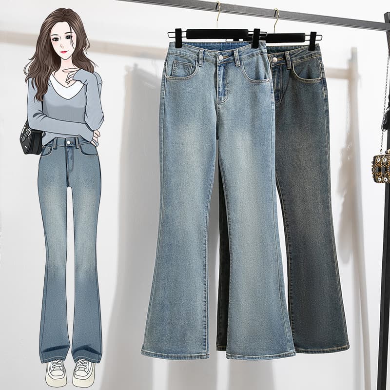 Real shot of slimming and slightly flared jeans for women in autumn new large size fat mm pear-shaped body high-waisted stretch flared pants