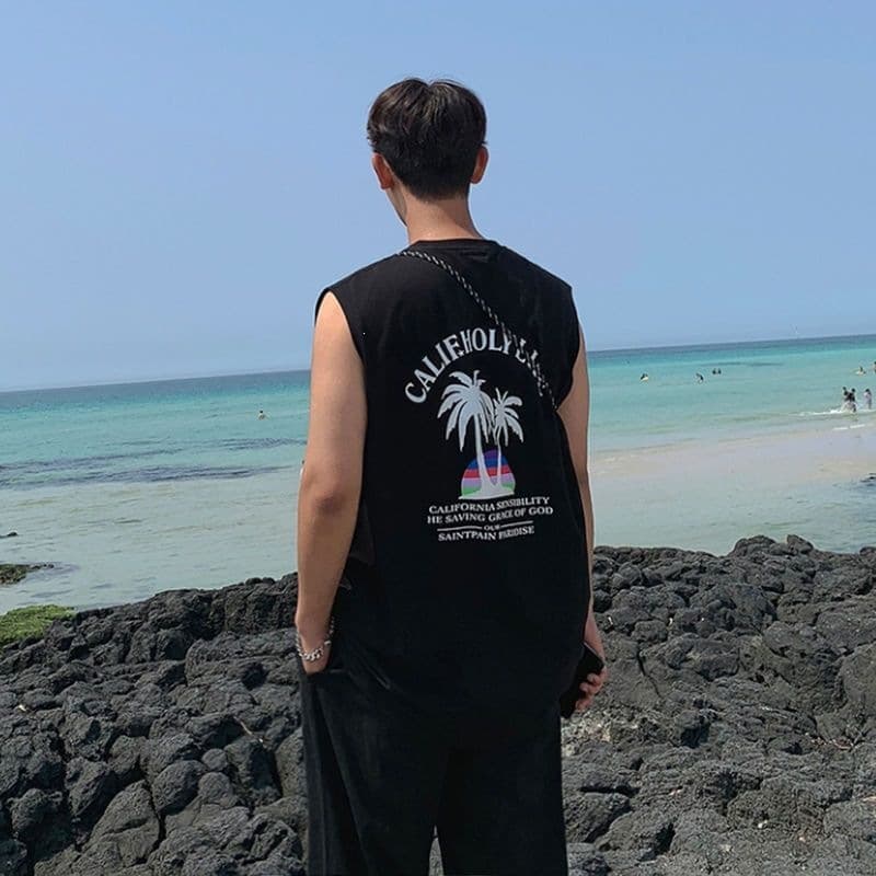Cotton Vest Men's Summer Beach Tank Top Outerwear Trendy Loose Sleeveless T-Shirt Base Layer Top
