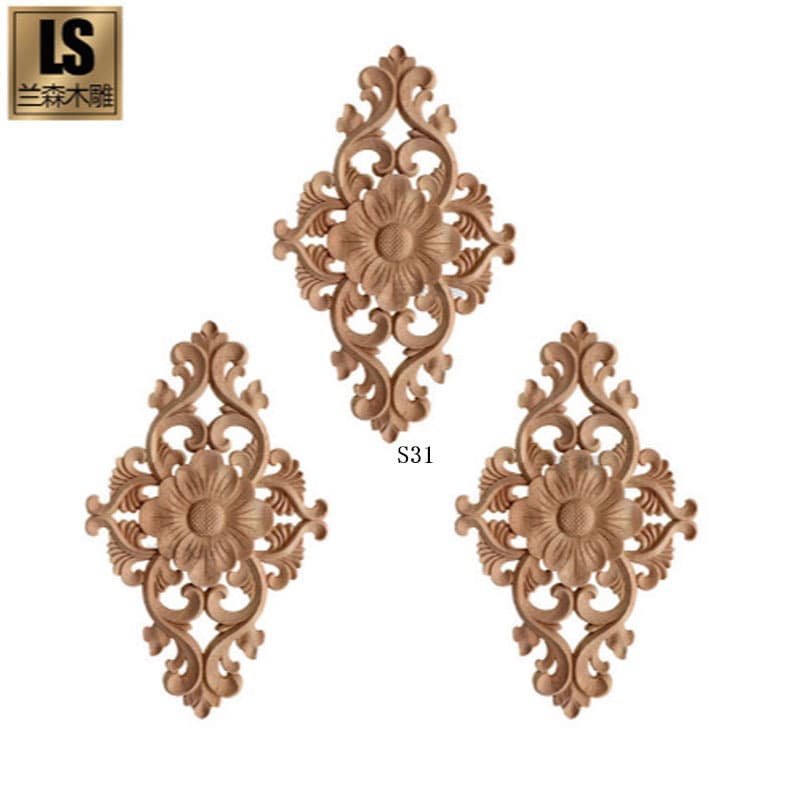 Dongyang Wood Carving Door Decal, Solid Wood Carved Panel, Cabinet Door Decorative Applique, European Style Furniture Wood Flower