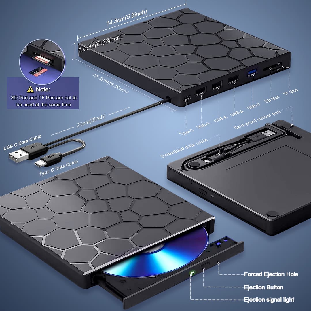 New Multifunctional External DVD Burner 7-in-1 USB/Type-C Interface with USB Drive Support