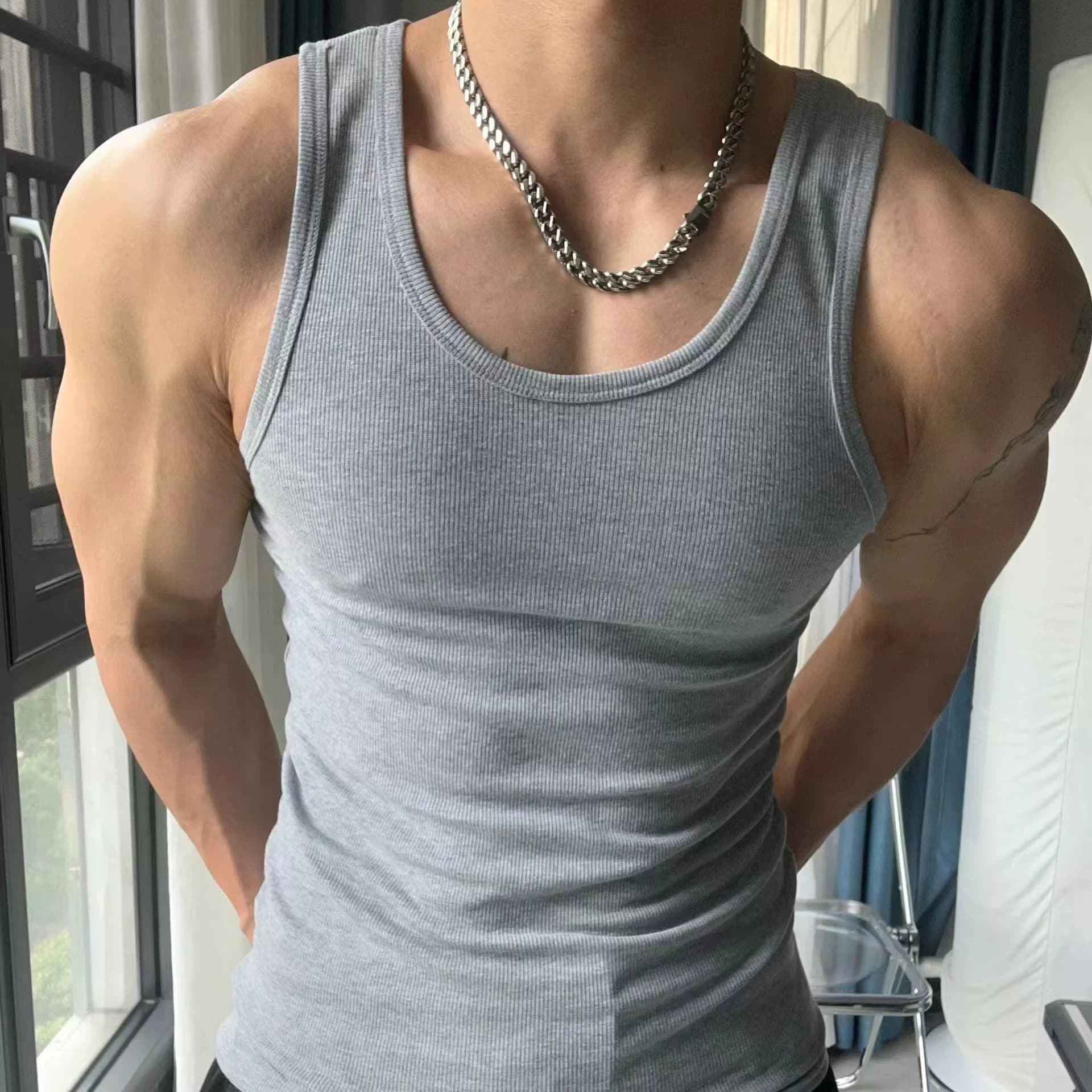 Hot-Selling Ice Silk Ribbed Vest for Men Summer High Elastic Slim Fit Sleeveless Sports Gym Undershirt