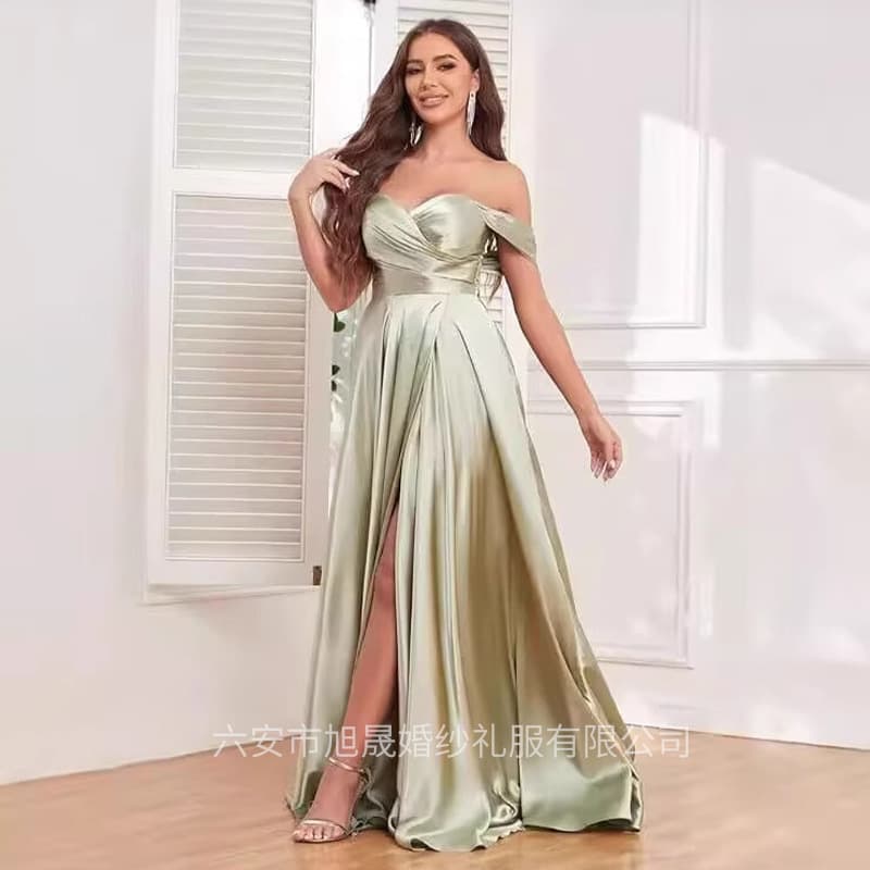 Cross-Border Women's Evening Dress 2025 New Style One-Shoulder Slim-Fitting Elegant Dress with Slit Long Ball Gown