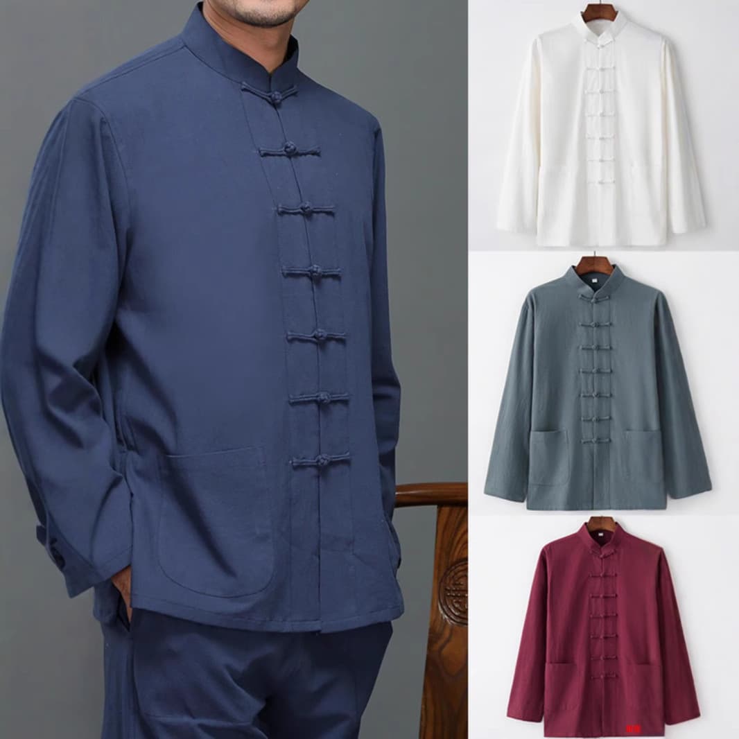 Spring men's Tang suit casual men's clothing Hanfu Chinese style shirt middle-aged and elderly loose ancient costume long-sleeve frog-button shirt trendy