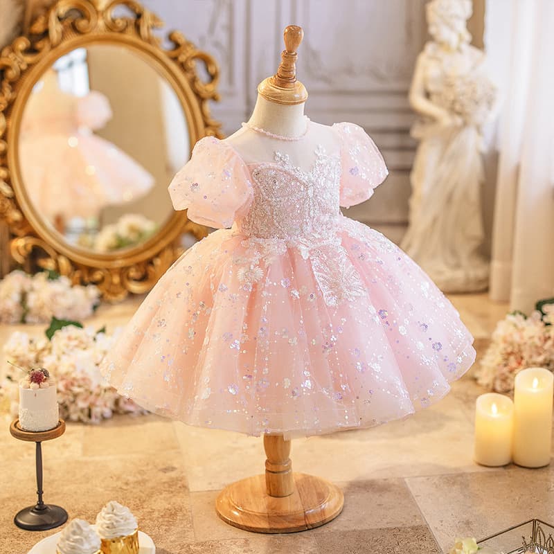 Children's dress puff sleeves 2026 new fairy pink girl's forest style children's first birthday puffy princess dress
