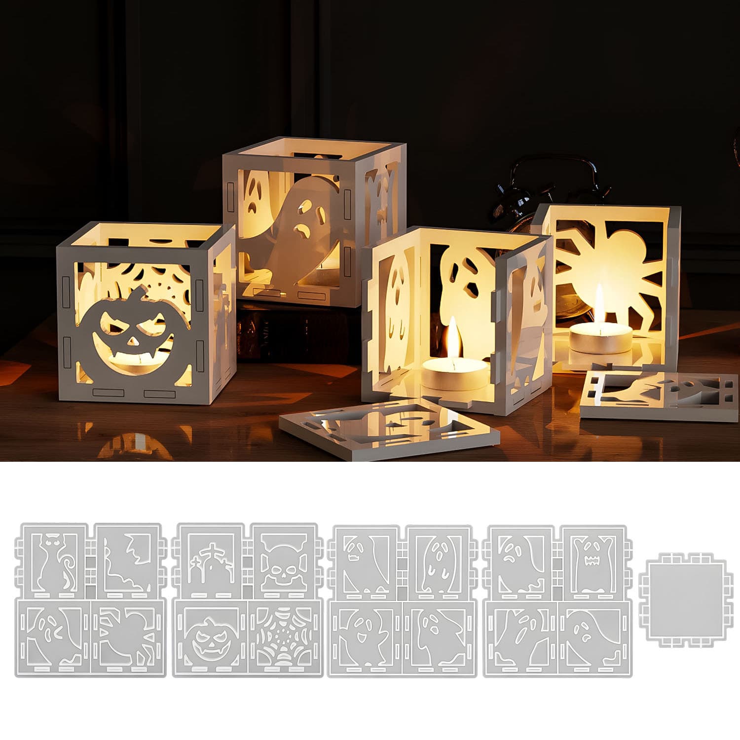 DIY Halloween Ghost Hollow Candle Holder Epoxy Resin Mold Wooden House Pumpkin Ornament Candle Holder Silicone Mold