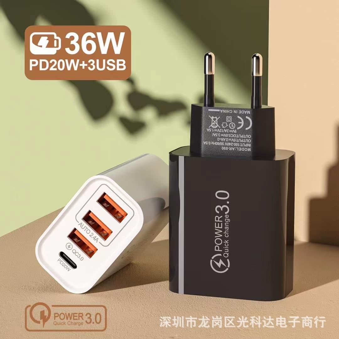 PD20W+QC3.0 2.4A Dual USB Fast Charger Multi-Port USB with PD Charging Head Travel Charger
