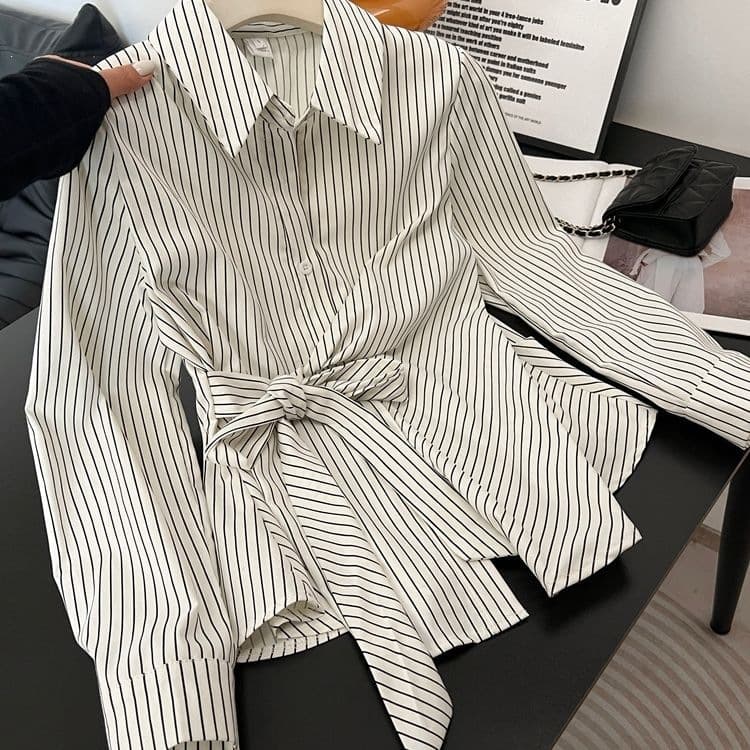 Plus Size Women's French Stripe Tie Waist Shirt Spring New Long Sleeve Slimming Elegant Top for Curvy Women