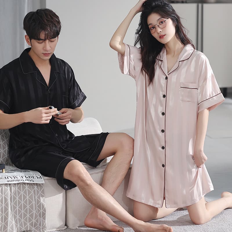Couple Pajamas Summer Striped Ice Silk Nightgown Cool Feeling Set Men and Women Casual Wear Home Clothes Spring Summer