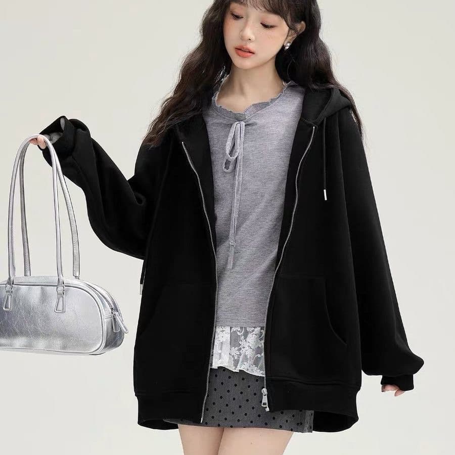 Korean-style Solid Color Hooded Cardigan for Women, Loose Fit, Fall/Winter, Fleece-Lined Thickened Zip-Up Jacket, Slimming Ins Style