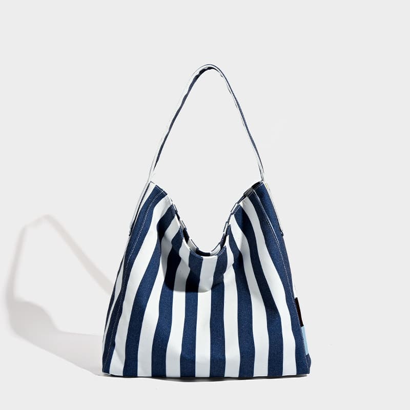 Korean Spring/Summer Relaxed Canvas Tote Bag, Large Capacity Striped Laptop Bag for Women, Student Commuter Shoulder Bag