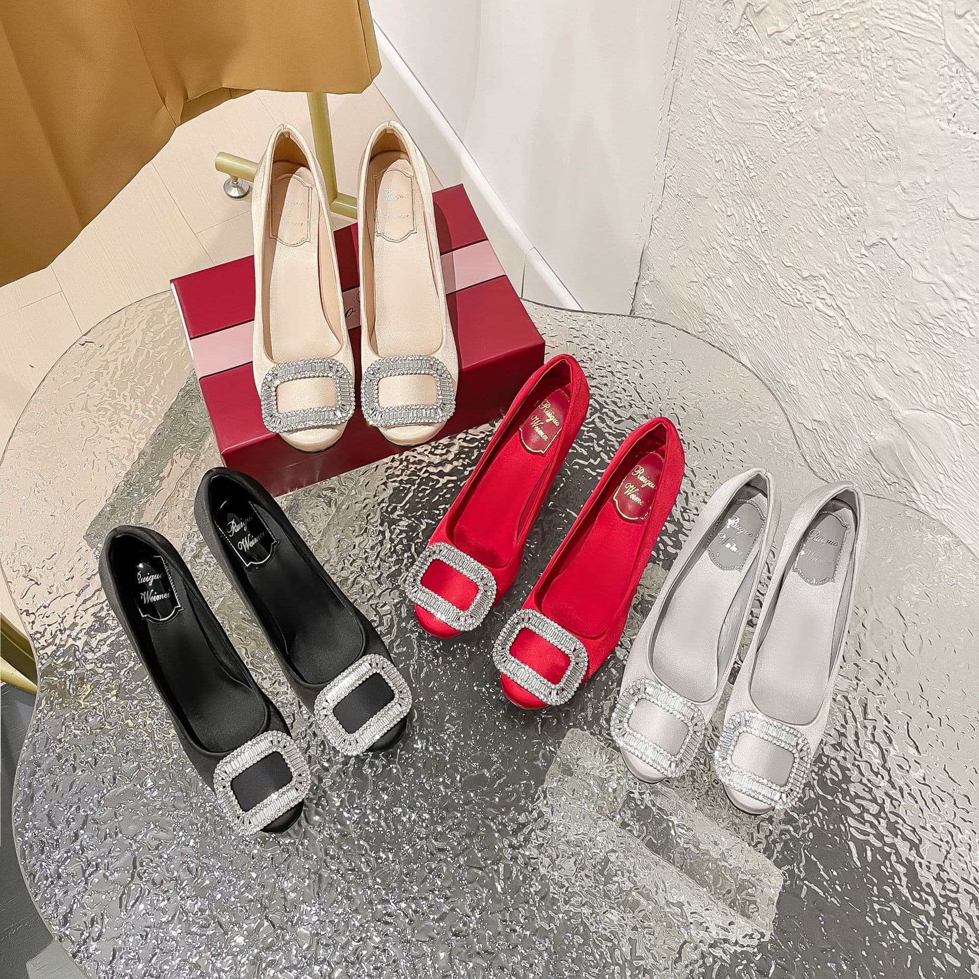 Soft Sole Wang Manni Same Style Square Buckle Rhinestone Satin Stiletto Heel Women's High Heels Red Wedding Shoes