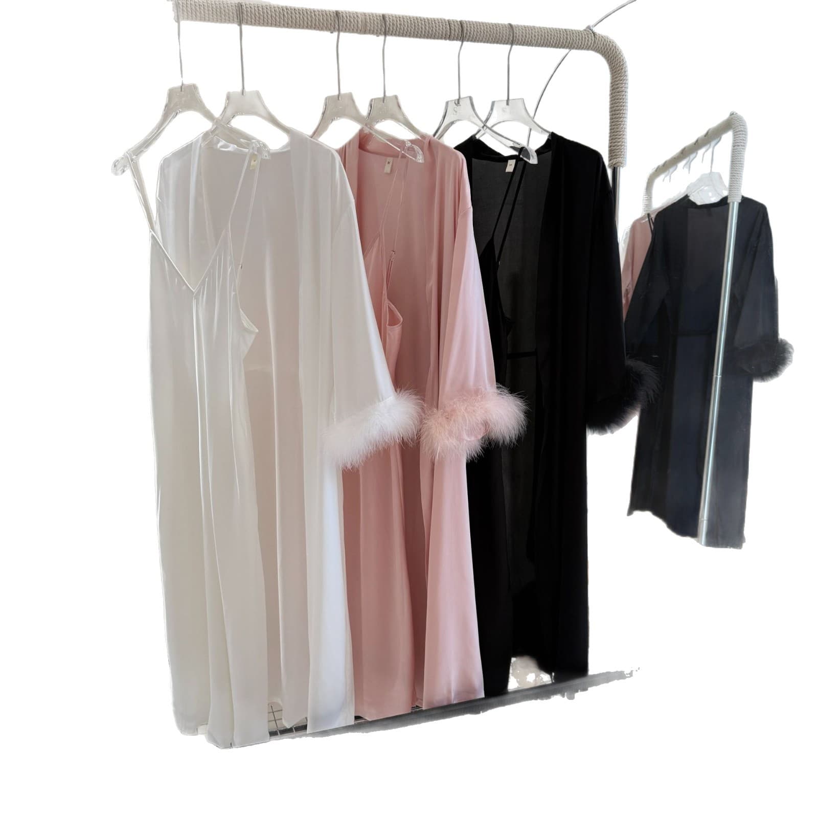 French Sexy Nightgown for Women Long Ice Silk V-Neck Camisole Sleep Dress with Robe Two-Piece Set Ostrich Feather Loungewear
