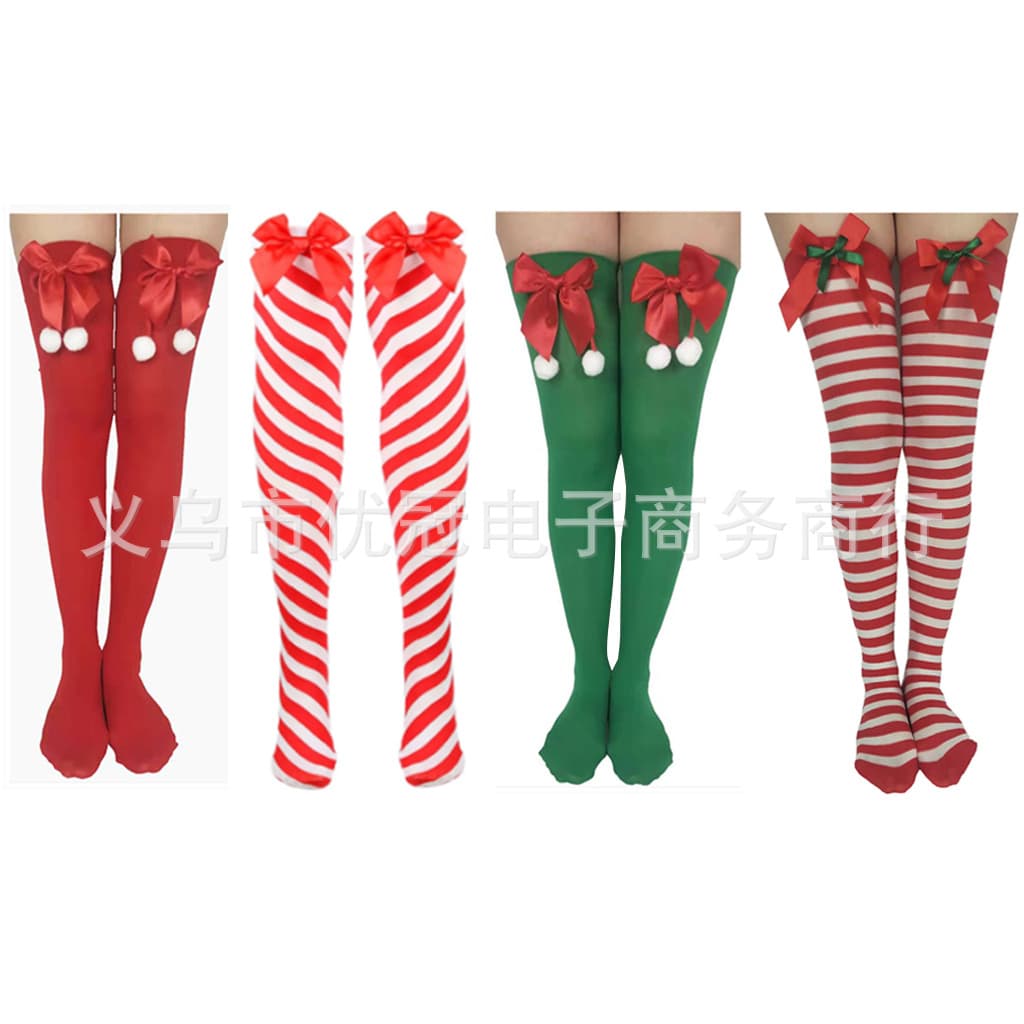 Christmas Stockings, Red and Green Striped Socks, Clothing Accessories, Sticky 3D Santa Claus Accessories Over-the-Knee Long Socks