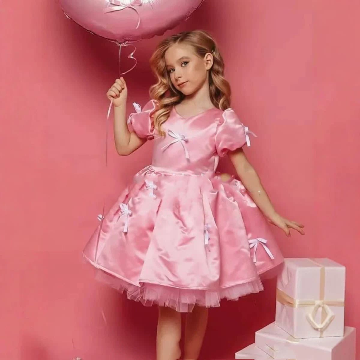 Children's Performance Dress Simple Satin Host Birthday Wedding Flower Girl Tulle Pink Princess Dress Cross-border Dress