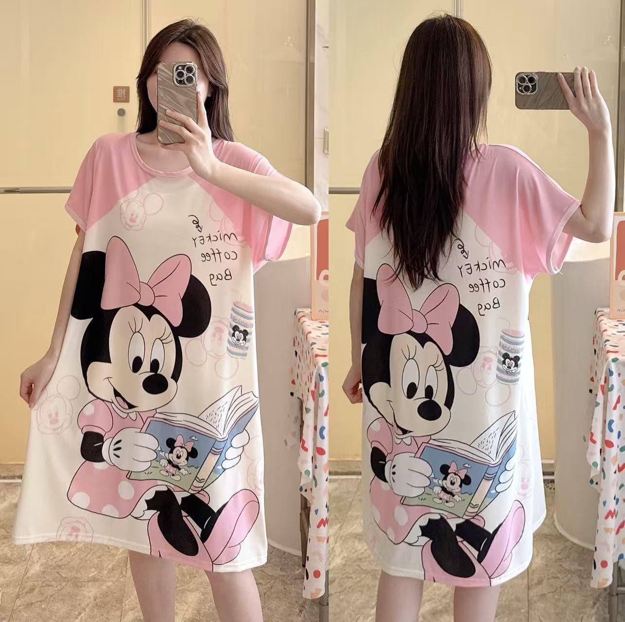 Plus Size Women's Loose Short Sleeve Nightgown, Thin Cute Cartoon T-Shirt Dress, Summer Homewear