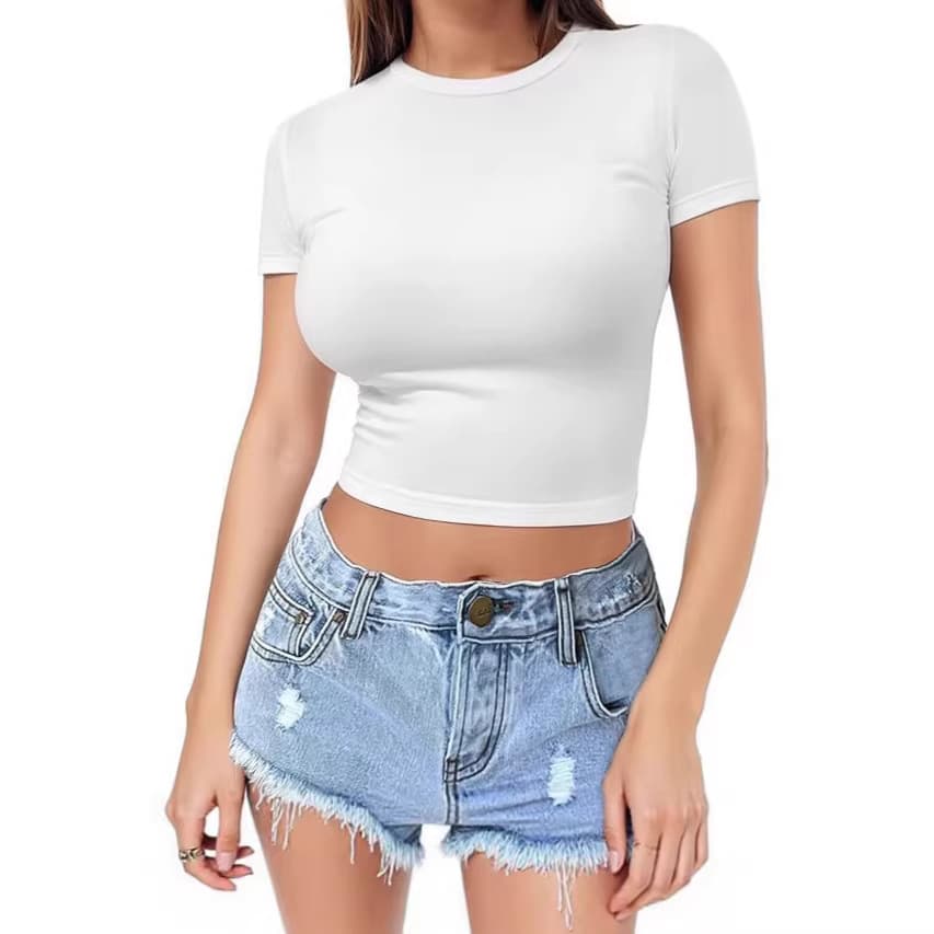Cross-Border Women's Summer Pullover Top, Thin Round Neck Fashionable Milk Silk Short Sleeve T-Shirt, Crop Top