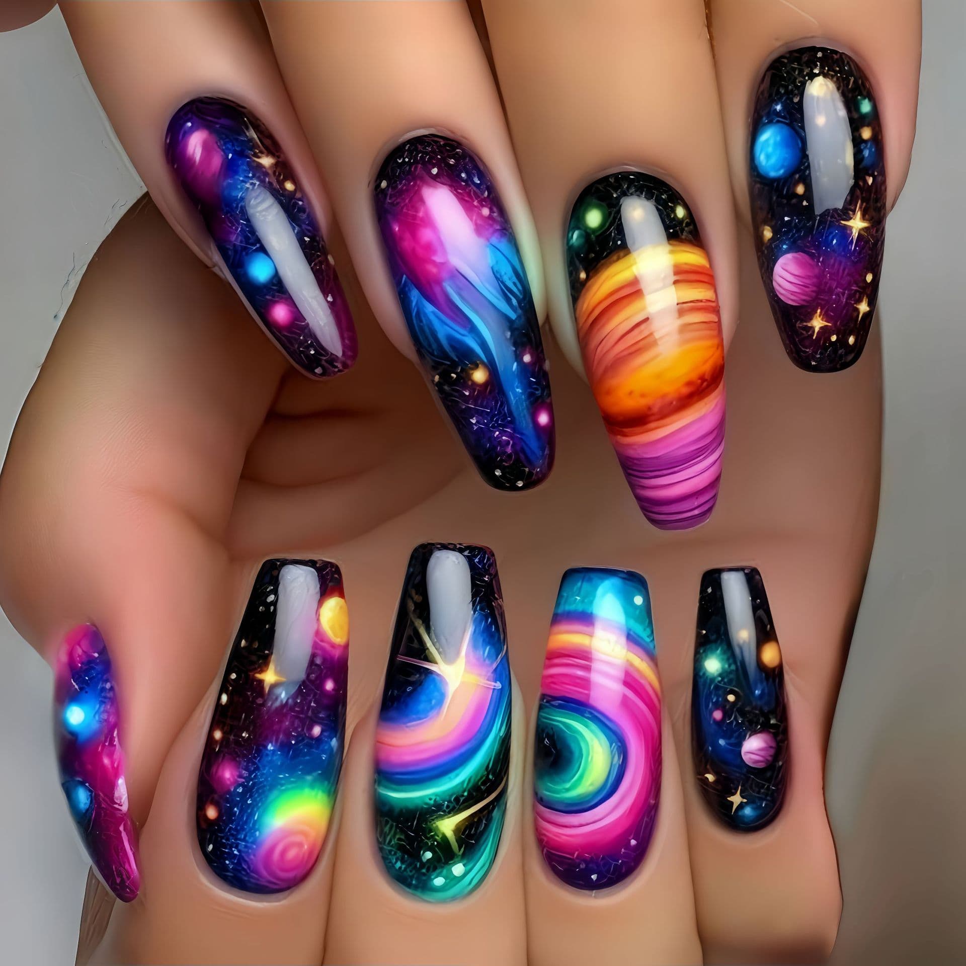 Press-On Nail Tips Medium-Long Length Multicolor Gradient Universe Starry Sky Rainbow Nail Art Stickers