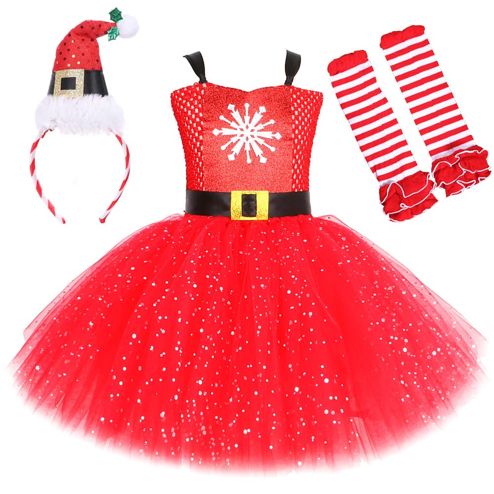 European and American Christmas Girls Princess Dress Red Sequined Children's Mesh Tutu Skirt Santa Claus Costume