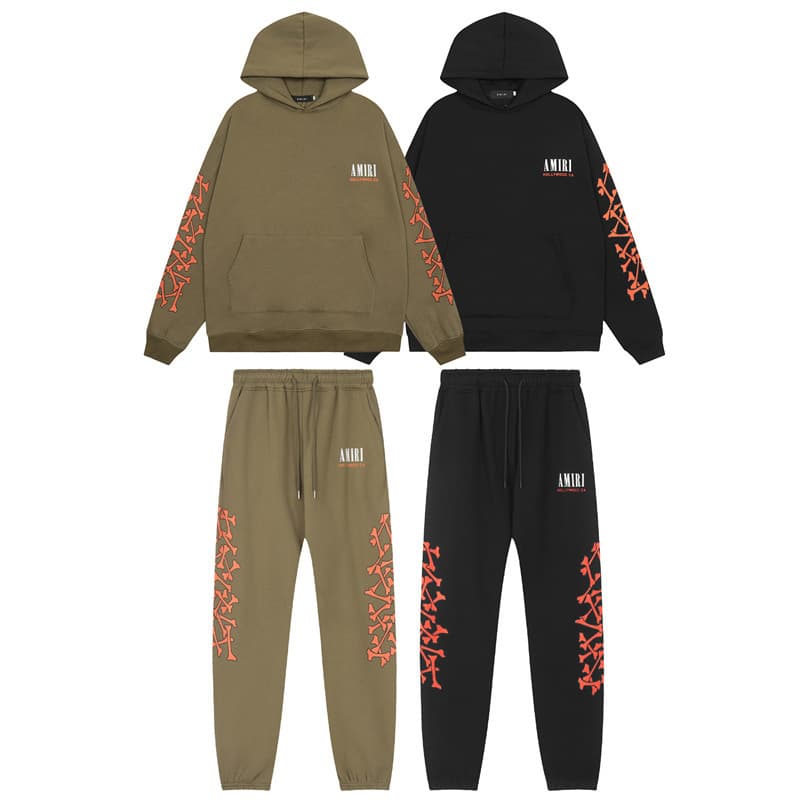 Cross-border European and American trendy brand amri bone letter print velvet hooded sweatshirt for men and women high street trousers sports suit