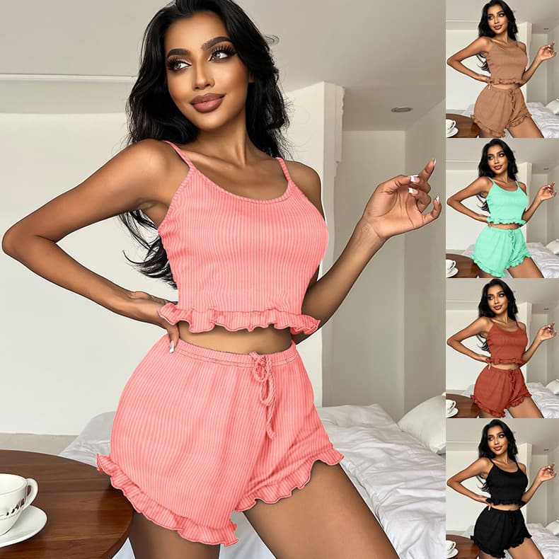Sexy Striped Women's Sleepwear Set with Cross Strap Home Clothes Short Pants Fashionable Backless Binding Design Nightgown
