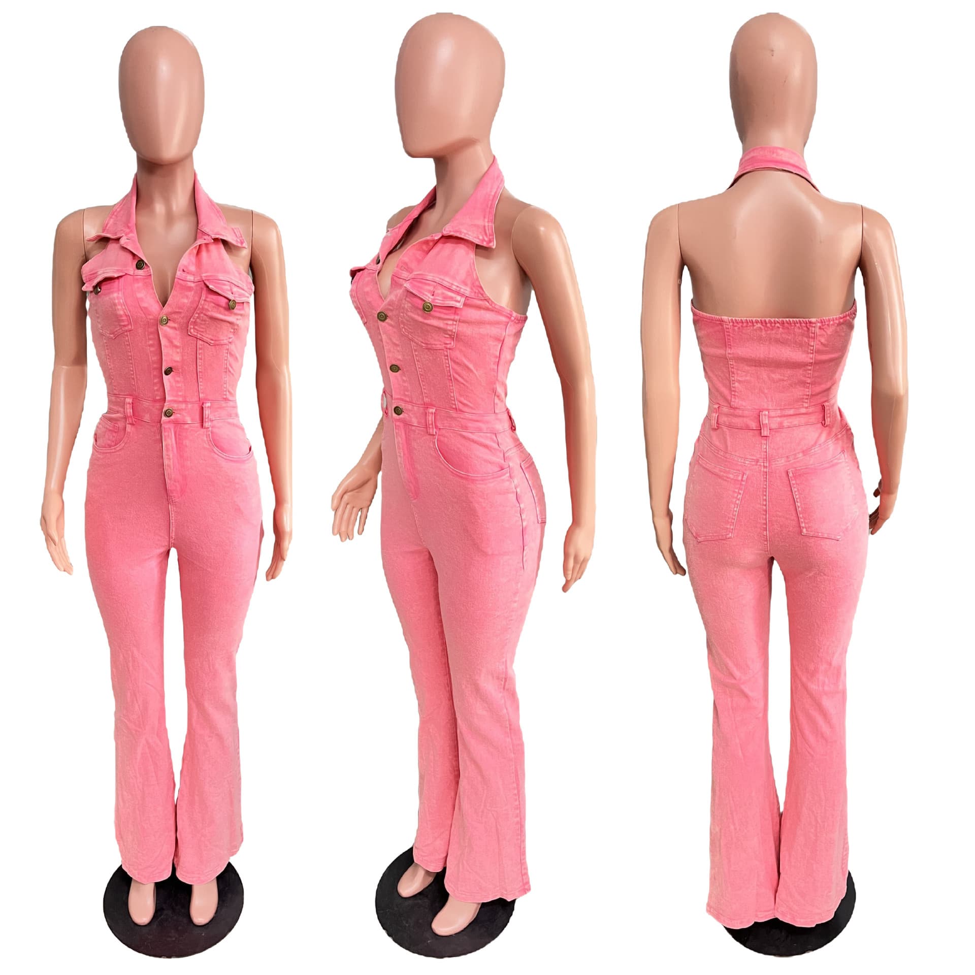 5091 Cross-border European and American Women's Fashion Denim High Elasticity Sexy Backless Lapel Workwear Long Jumpsuit