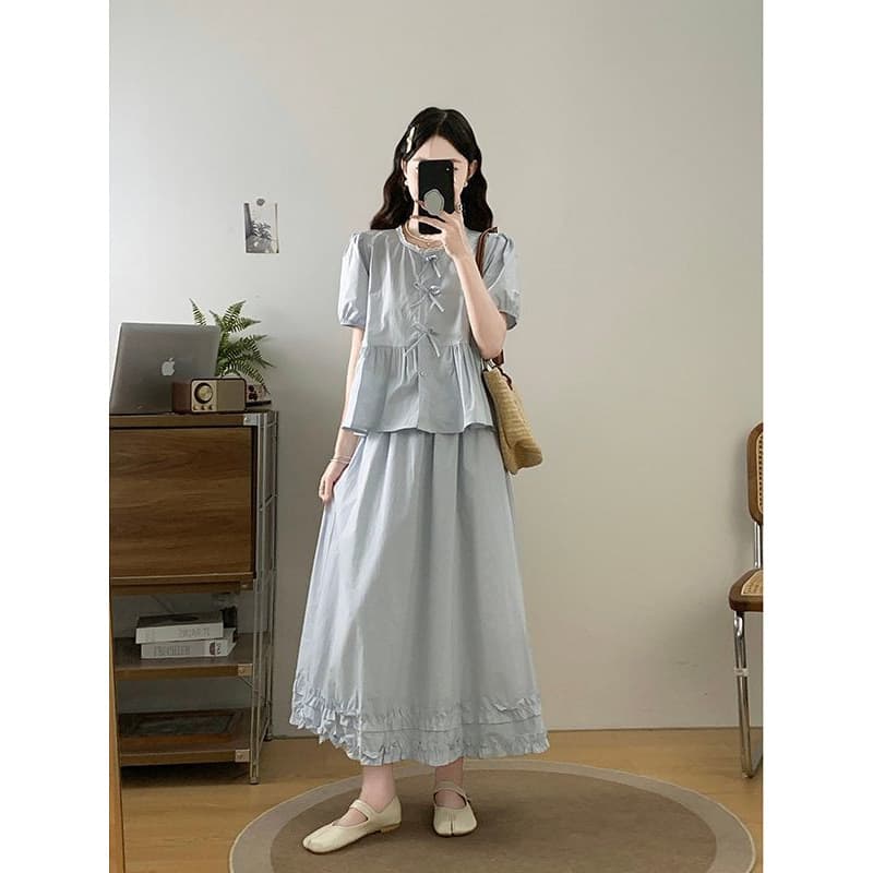 Plus Size Salt Style Outfit Set Women Summer Sweet Bow Blouse Flattering Half Skirt Two-Piece