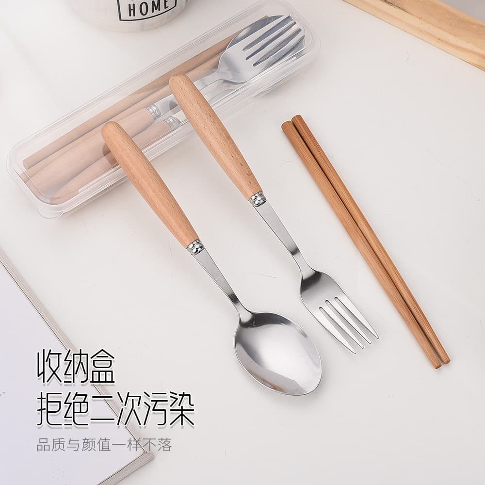 Stainless steel Japanese style beech spoon tableware fork chopsticks three-piece wooden handle portable tableware set factory direct sale